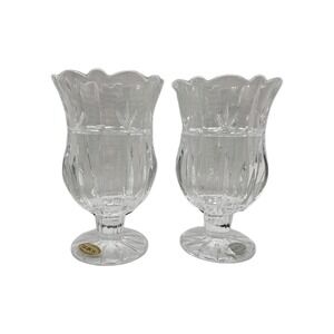 Vtg Block 24% Lead Crystal 7" Tulip  Vase /Hurricane Candleholder Set Of 2 EUC